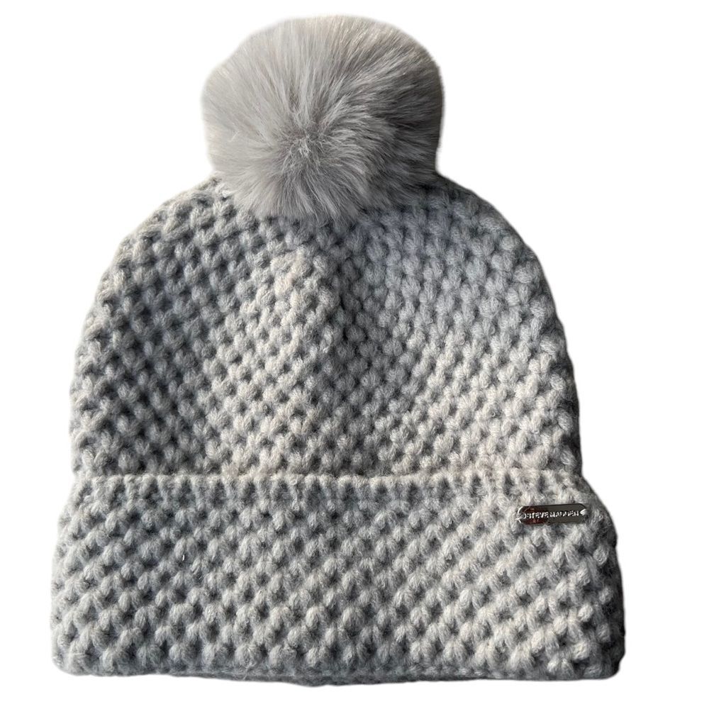 STEVE MADDEN Women's Waffle Knit Beanie with POM, Light Grey